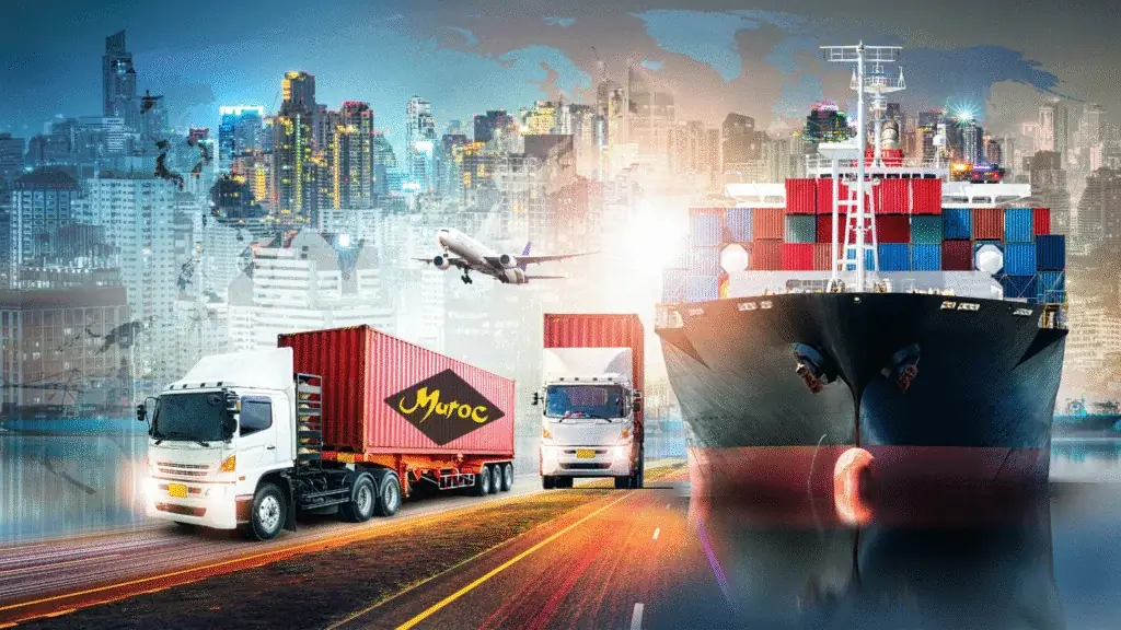 Transport et logistique export — camions frigorifiques, avion et navire porte-conteneurs
